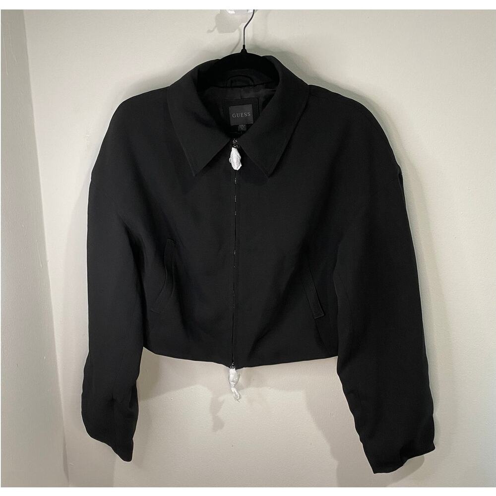 Guess Cropped Zip Up Jacket Women's M Black Cropped Fit Y2K Streetwear NWT